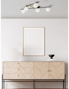 Plafoniera 5 luci in metallo nero e oro con sfere in vetro bianco latte, G9 | Sforzin -SFORZIN - MILOOX