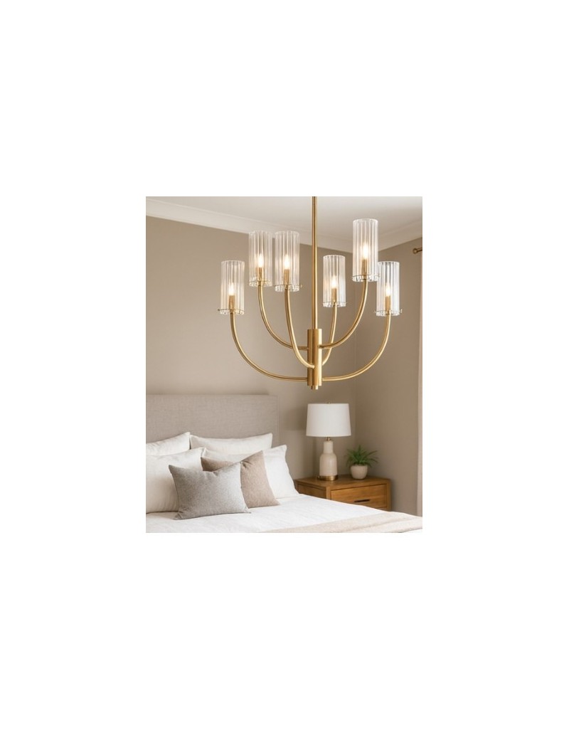 Lampadario a sospensione Arco 6 bracci in metallo oro e vetro rigato, G9 | Maytoni -MAYTONI