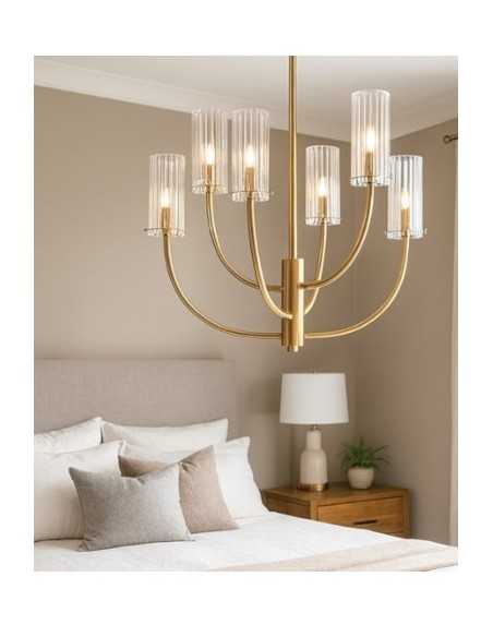 Lampadario a sospensione Arco 6 bracci in metallo oro e vetro rigato, G9 | Maytoni -MAYTONI
