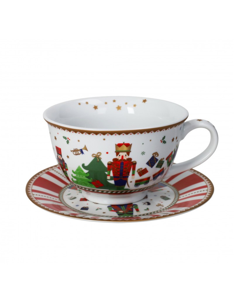 Tazza colazione natalizia Schiaccianoci con piattino in new bone china 500 ml | Brandani -BRANDANI