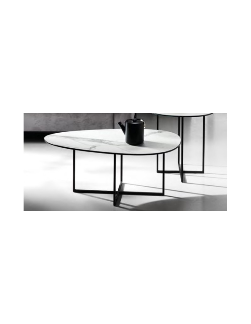 Tavolino sagomato Ginni 90x50 cm metallo nero, piano vetro effetto marmo bianco | Ondaluce -ONDALUCE