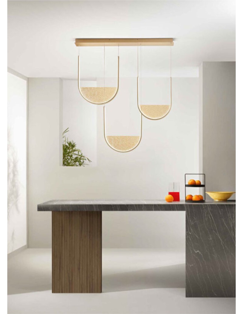 Sospensione LED Lotus a 3 moduli in metallo oro opaco e vetro granigliato | Ondaluce -ONDALUCE