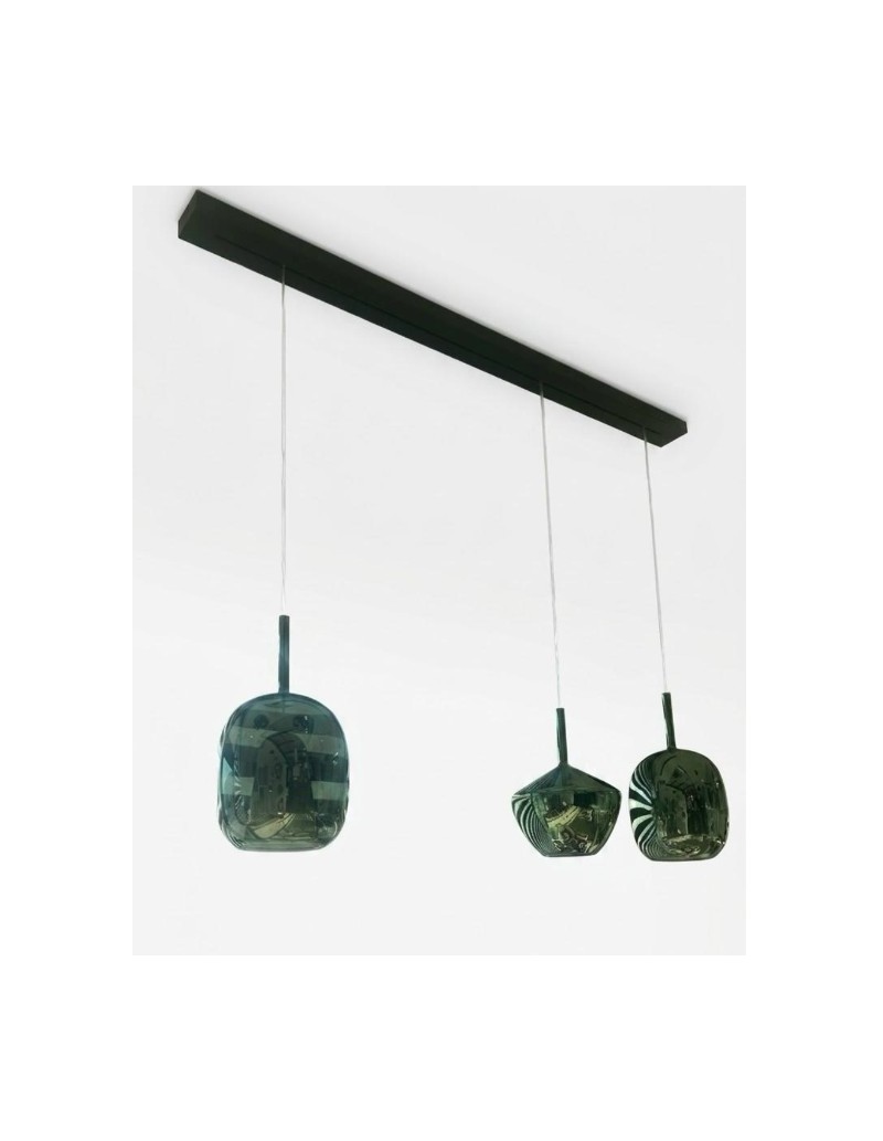 Sospensione lineare Rain 3 luci, vetri verde specchiato, binario nero 150 cm | Perenz -PERENZ