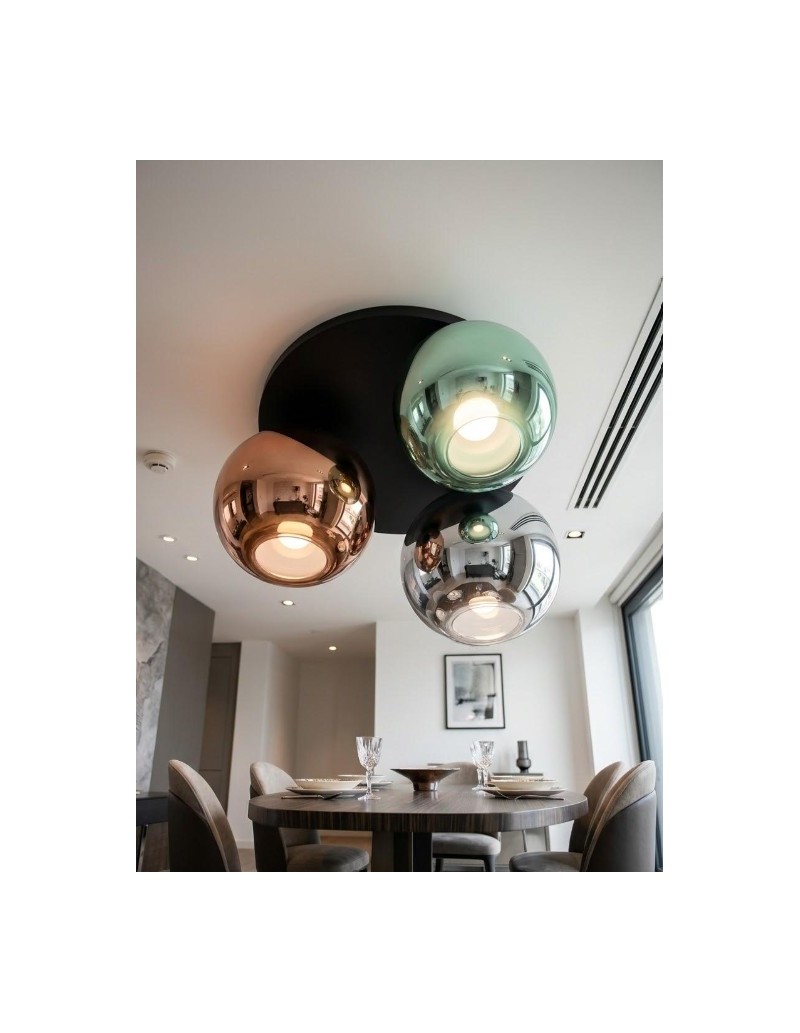Plafoniera Rain 3 luci, base nera Ø 50 cm, vetri specchiati verde, rame e cromo | Perenz -PERENZ