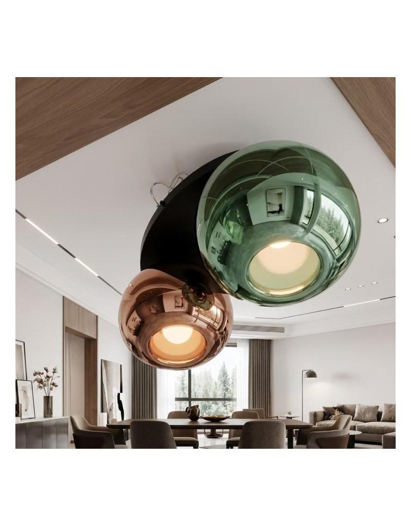 Plafoniera Rain 2 luci, base ovale nera 40 cm, vetri specchiati verde e rame | Perenz -PERENZ