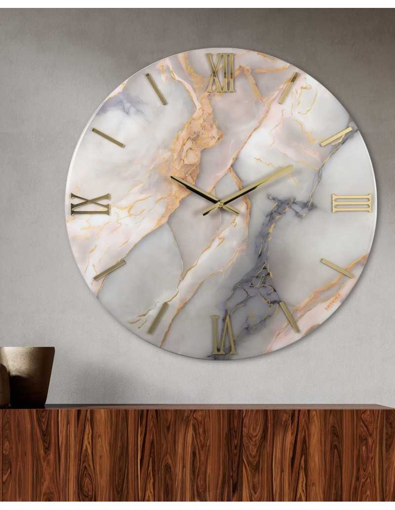 Orologio da parete Cipria Ø 80 cm in resina effetto marmo rosa e oro, numeri oro | Artidea -ARTIDEA