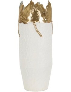 Vaso Leaf in metallo bianco con foglie dorate, 17 x 17 x 47,5 cm | Mauro Ferretti -MAURO FERRETTI