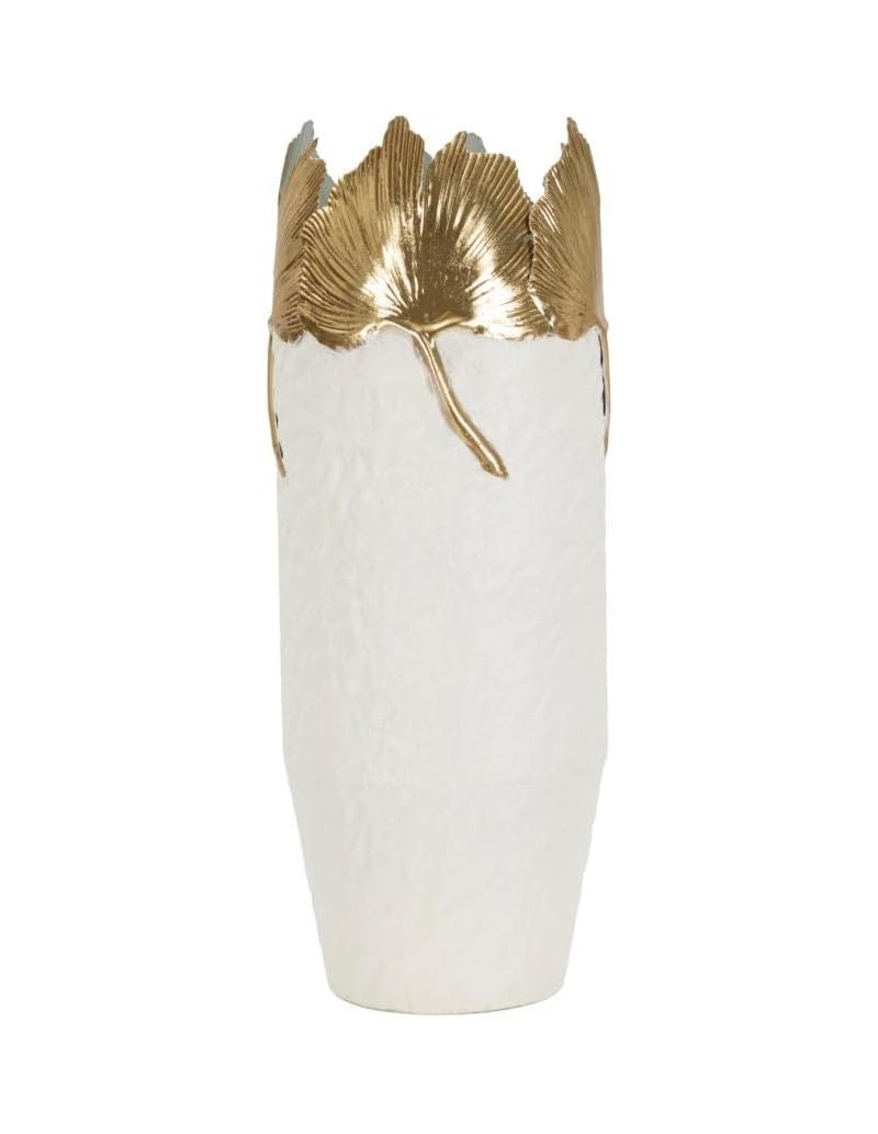 Vaso Leaf in metallo bianco con foglie dorate, 17 x 17 x 47,5 cm | Mauro Ferretti -MAURO FERRETTI