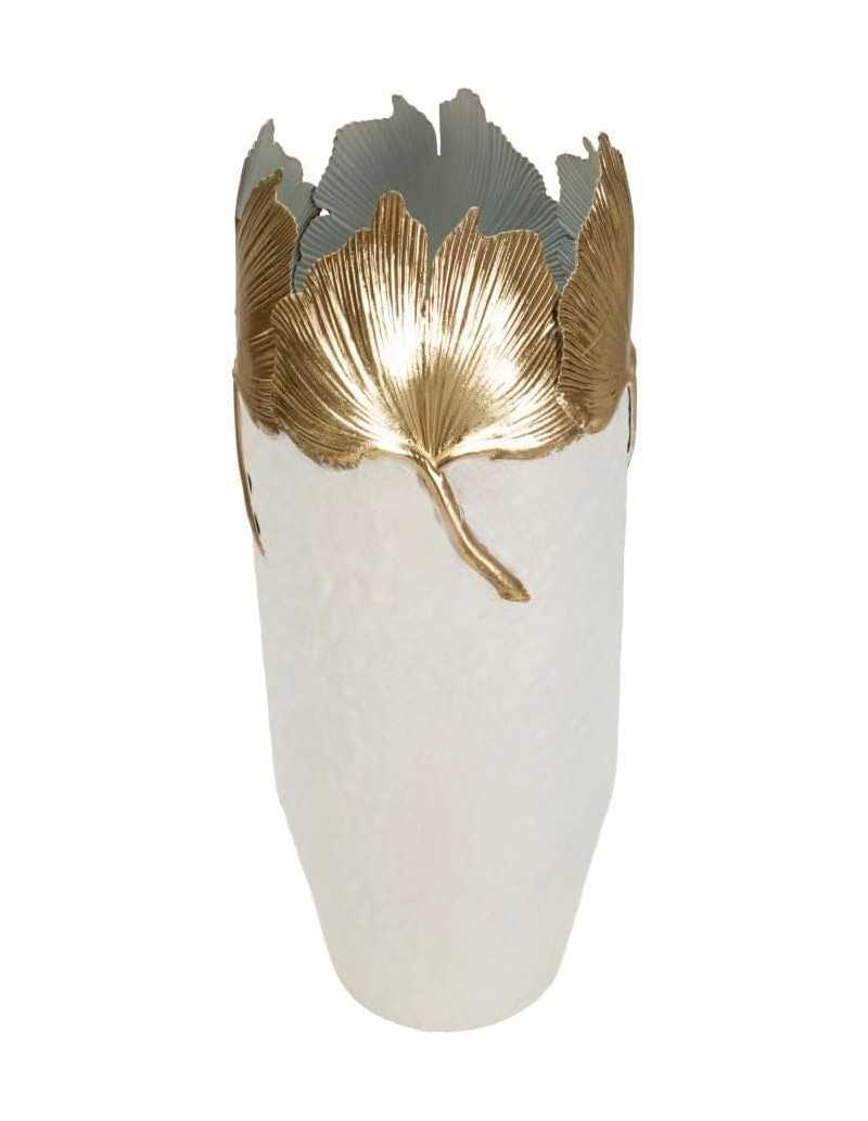 Vaso Leaf in metallo bianco con foglie dorate, 17 x 17 x 47,5 cm | Mauro Ferretti -MAURO FERRETTI
