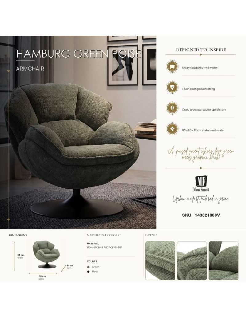 Poltrona girevole Amburgo verde in stile retrò, 85 x 80 x 81 cm | Mauro Ferretti -MAURO FERRETTI