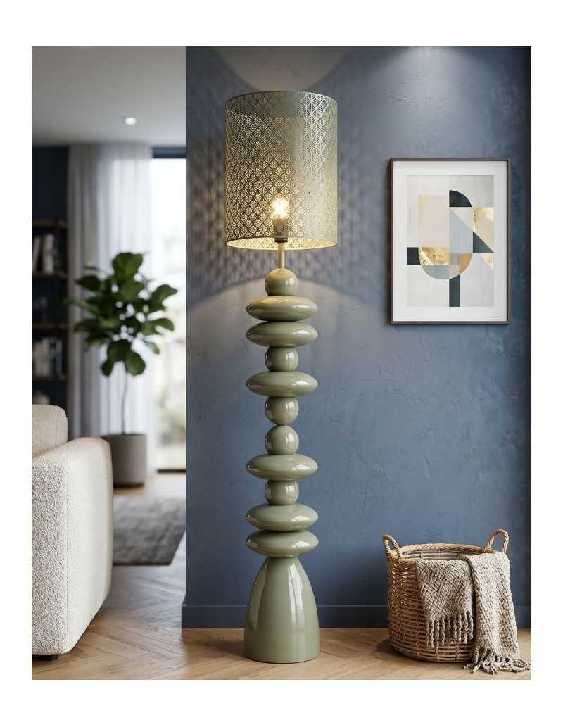 Lampada da terra verde in metallo, paralume intagliato, 33x33x160 cm | Mauro Ferretti -MAURO FERRETTI