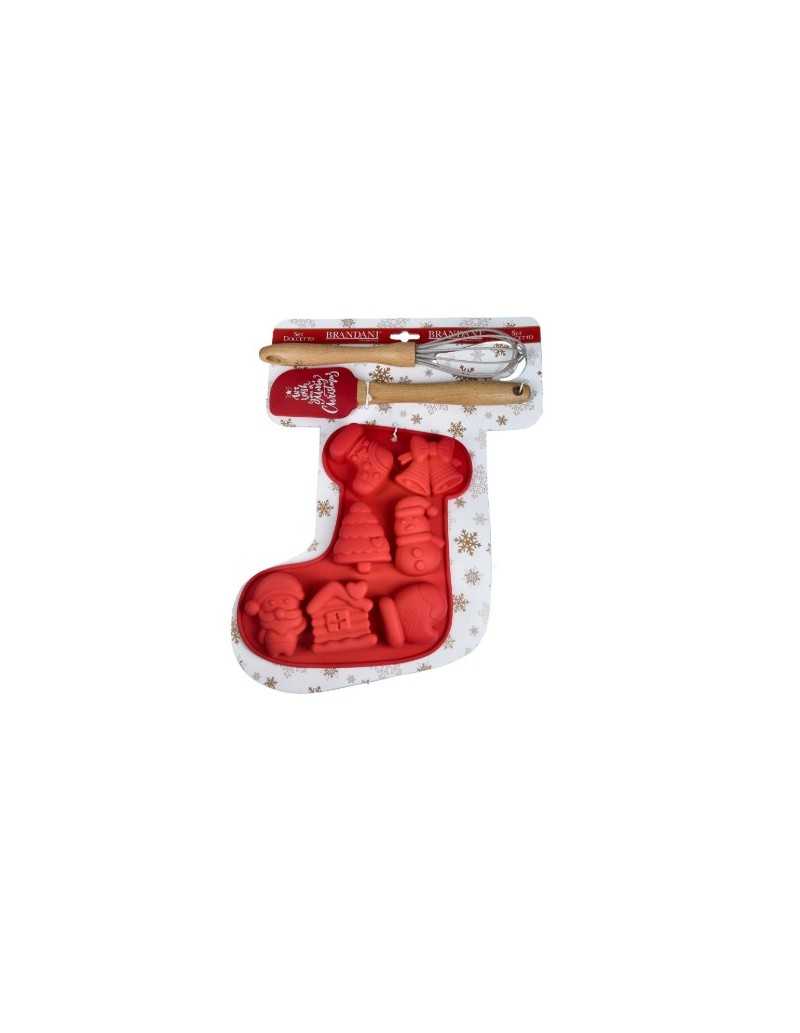 Set stampo biscotti natalizi rosso con frusta e leccapentola in silicone | Brandani -BRANDANI