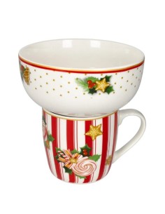 Mug con ciotola natalizia in new bone china, mug a righe, Le Chicche | Brandani -BRANDANI
