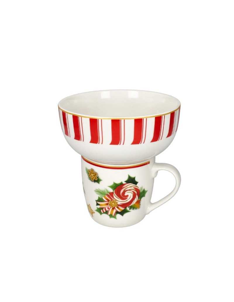 Mug con ciotola natalizia in new bone china, ciotola a righe, Le Chicche | Brandani -BRANDANI