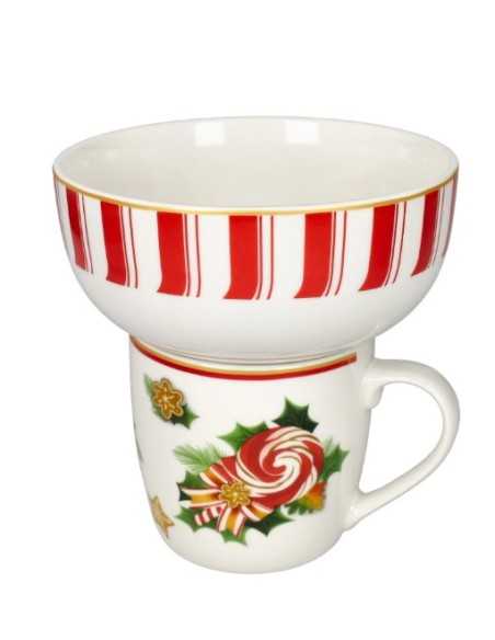 Mug con ciotola natalizia in new bone china, ciotola a righe, Le Chicche | Brandani -BRANDANI
