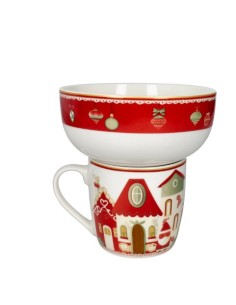Mug con ciotola natalizia in new bone china, ciotola rossa, Villaggio in festa | Brandani -BRANDANI