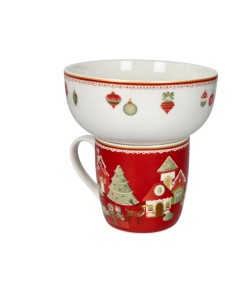 Mug con ciotola natalizia in new bone china, mug rossa, Villaggio in festa | Brandani -BRANDANI