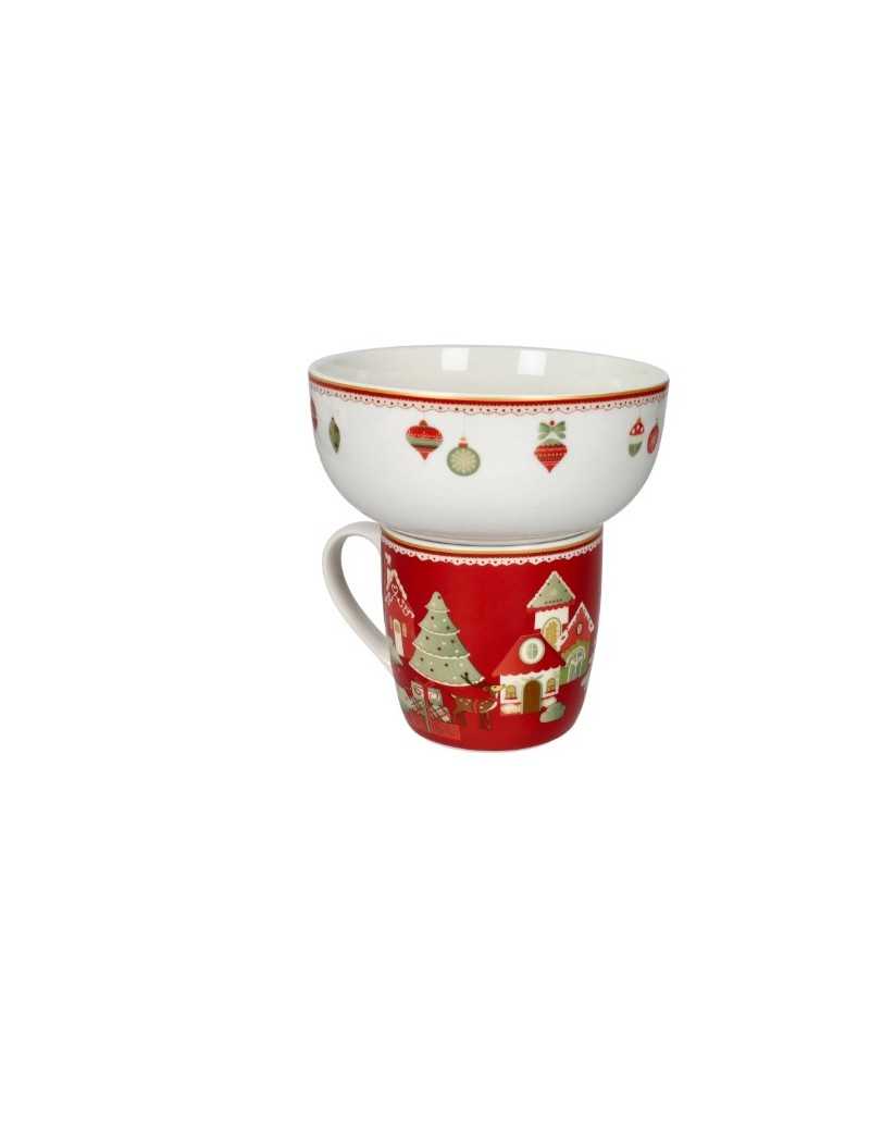 Mug con ciotola natalizia in new bone china, mug rossa, Villaggio in festa | Brandani -BRANDANI