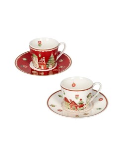 Set 2 tazzine natalizie con piattino 100 ml new bone china, Villaggio in festa | Brandani -BRANDANI
