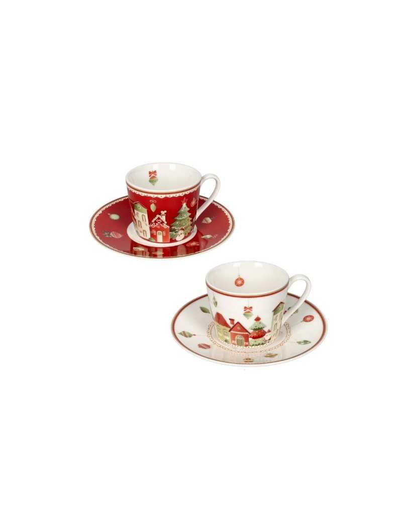 Set 2 tazzine natalizie con piattino 100 ml new bone china, Villaggio in festa | Brandani -BRANDANI