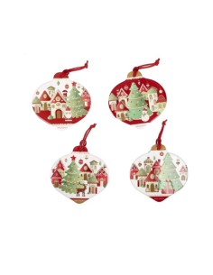 Set 4 decorazioni natalizie a goccia ceramica e sughero, Villaggio in festa | Brandani -BRANDANI