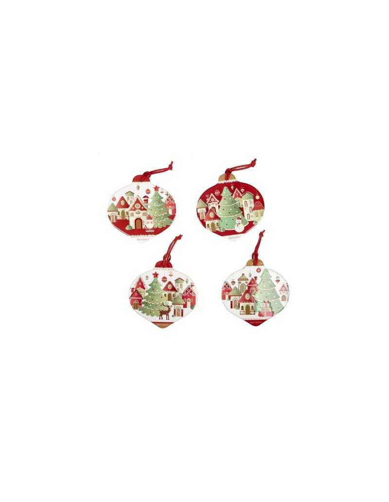Set 4 decorazioni natalizie a goccia ceramica e sughero, Villaggio in festa | Brandani -BRANDANI