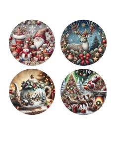 Set 4 sottopiatti natalizi Ø 33 cm con stampe di Babbo Natale e casette | Brandani -BRANDANI
