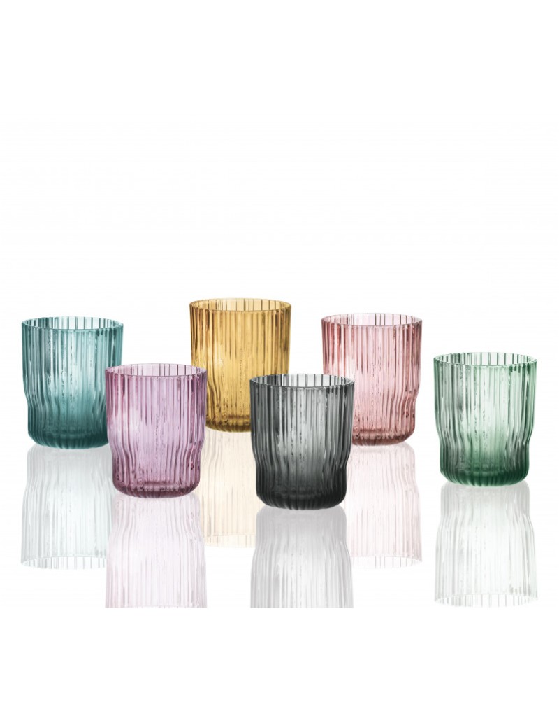 Plissé set 6 bicchieri in vetro colorato a righe, colori assortiti, 25 cl | Brandani -BRANDANI