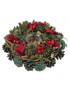 Ghirlanda centrotavola portacandela con pigne e fiocchi rossi, Ø 22 cm | Brandani -BRANDANI