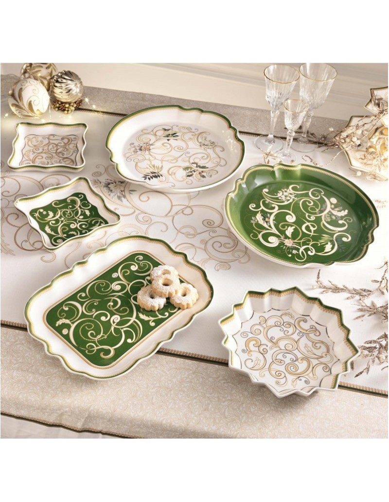 Vassoio natalizio a stella Filo d'Oro in porcellana bianco, verde e oro Ø 23,5 cm | Brandani -BRANDANI