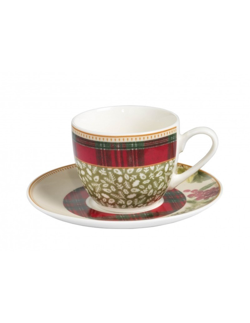 Sottobosco set 2 tazzine da caffè con piattino, decoro natalizio tartan | Brandani -BRANDANI
