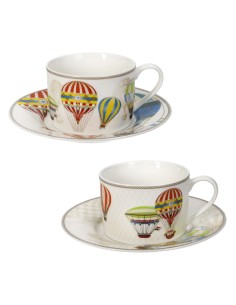 Set 2 tazze da tè con piattino Le Mongolfiere in new bone china 150 ml | Brandani -BRANDANI