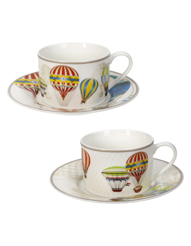 Set 2 tazze da tè con piattino Le Mongolfiere in new bone china 150 ml | Brandani -BRANDANI