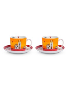 Set 2 tazze colazione con piattino rosso, collezione Le Casette | Egan -EGAN
