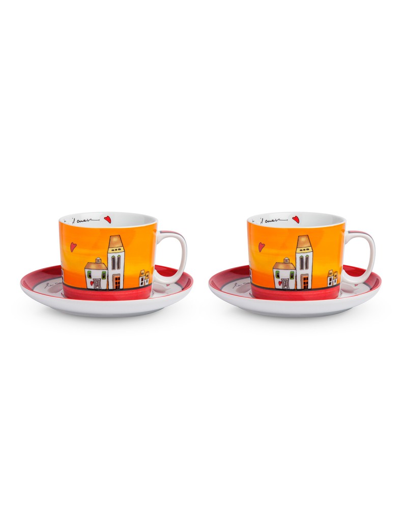 Set 2 tazze colazione con piattino rosso, collezione Le Casette | Egan -EGAN