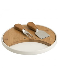 Tagliere formaggi rotondo in porcellana e bambù Ø 23 cm con 2 coltelli inox | Brandani -BRANDANI