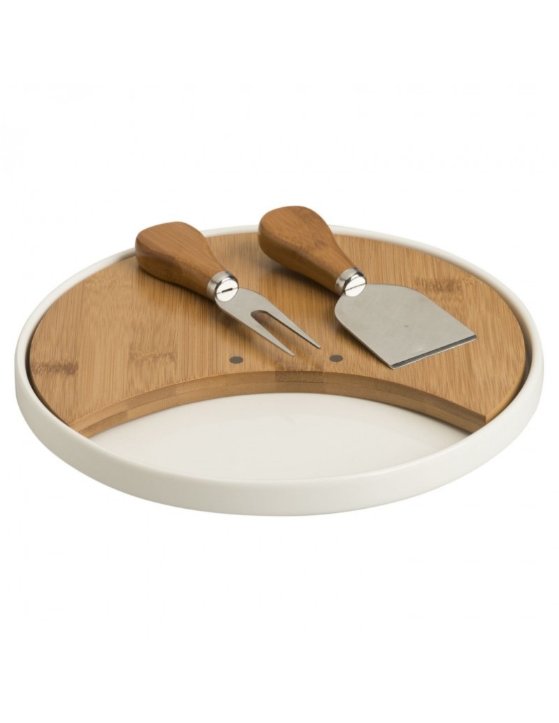 Tagliere formaggi rotondo in porcellana e bambù Ø 23 cm con 2 coltelli inox | Brandani -BRANDANI