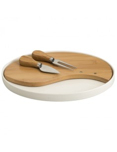 Tagliere formaggi ovale in porcellana e bambù 28 x 21,5 cm con 2 coltelli inox | Brandani -BRANDANI