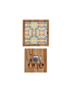Tagliere formaggi rotante Medicea in acacia con decoro maiolica e 3 coltelli | Brandani -BRANDANI