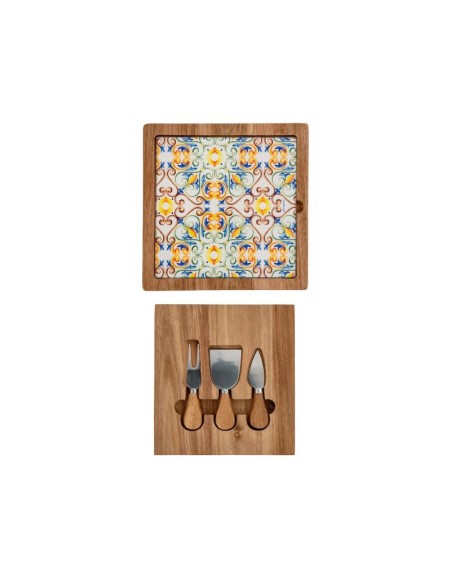 Tagliere formaggi rotante Medicea in acacia con decoro maiolica e 3 coltelli | Brandani -BRANDANI