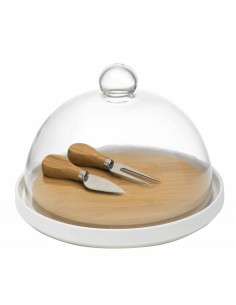 Set formaggi tagliere in bambù e porcellana con cupola in vetro e 2 coltelli | Brandani -BRANDANI