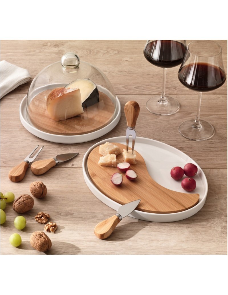 Set formaggi tagliere in bambù e porcellana con cupola in vetro e 2 coltelli | Brandani -BRANDANI