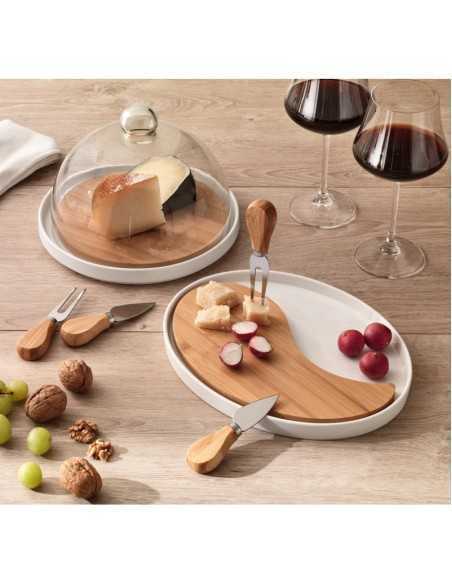 Set formaggi tagliere in bambù e porcellana con cupola in vetro e 2 coltelli | Brandani -BRANDANI