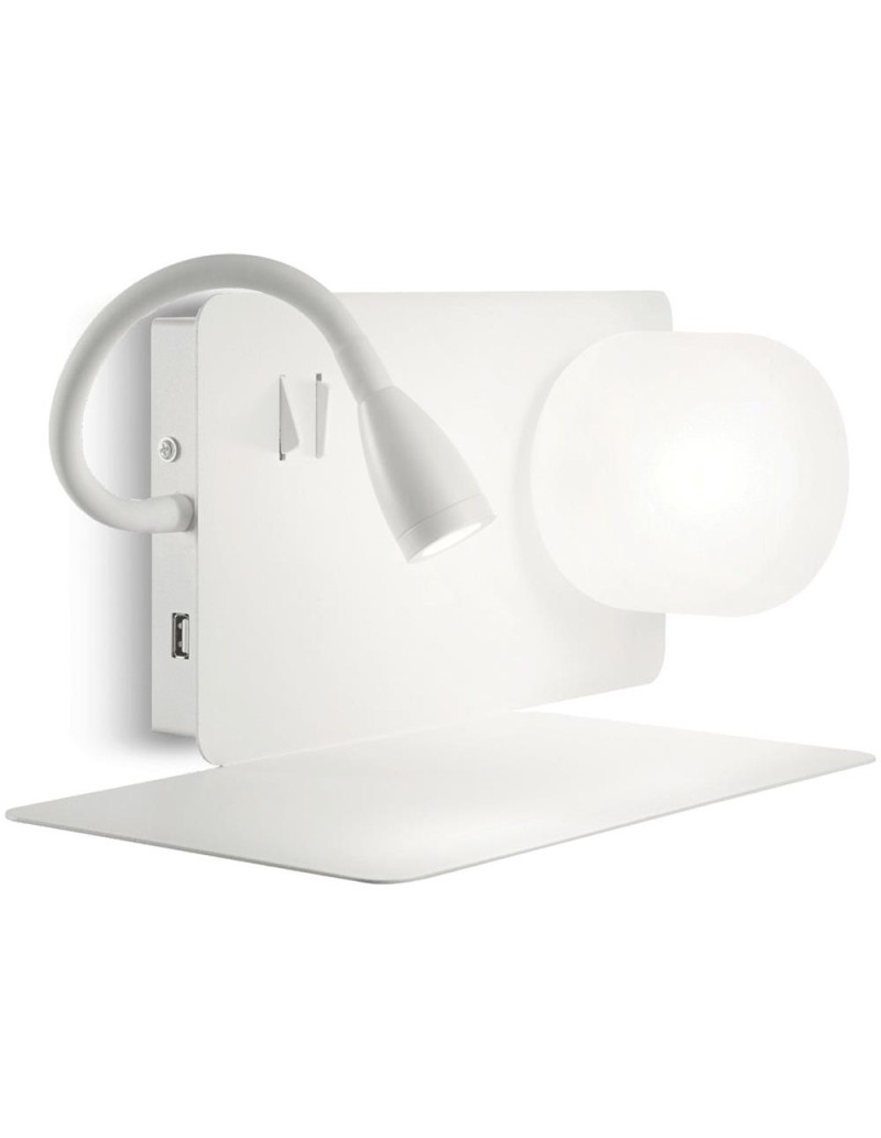 Applique Book AP2 bianca con mensola, presa USB e braccio LED da lettura, G9 | Ideal Lux -IDEAL LUX