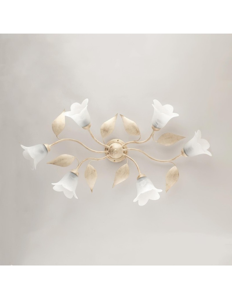Plafoniera Olga a 6 luci in ferro battuto avorio e oro, vetri bianchi, 95 cm, E14 | Bonetti Illumina -BONETTI ILLUMINA
