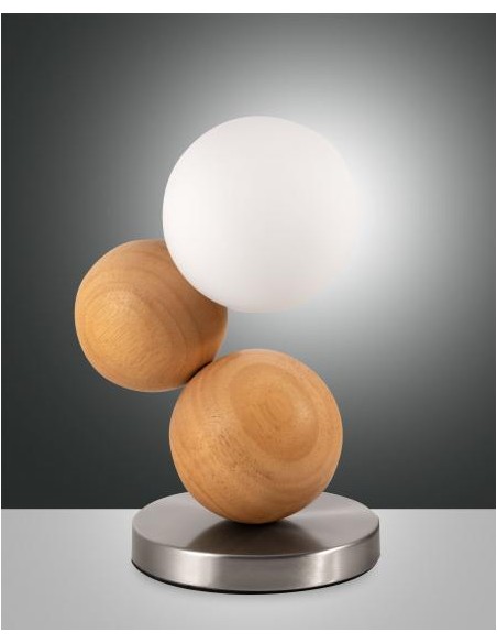 Lumetto Micky in metallo, legno quercia e vetro soffiato, G9, touch dimmer | Fabas Luce -FABAS LUCE