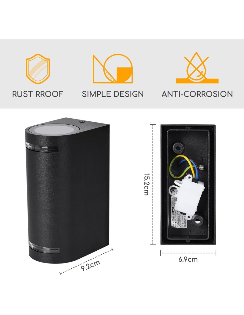 Applique interno/esterno in alluminio nero a 2 fasci, 2 GU10, impermeabile | Aigostar -AIGOSTAR