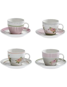 Peonia set 4 tazzine da caffè con piattino in new bone china, shabby rosa | Brandani -BRANDANI