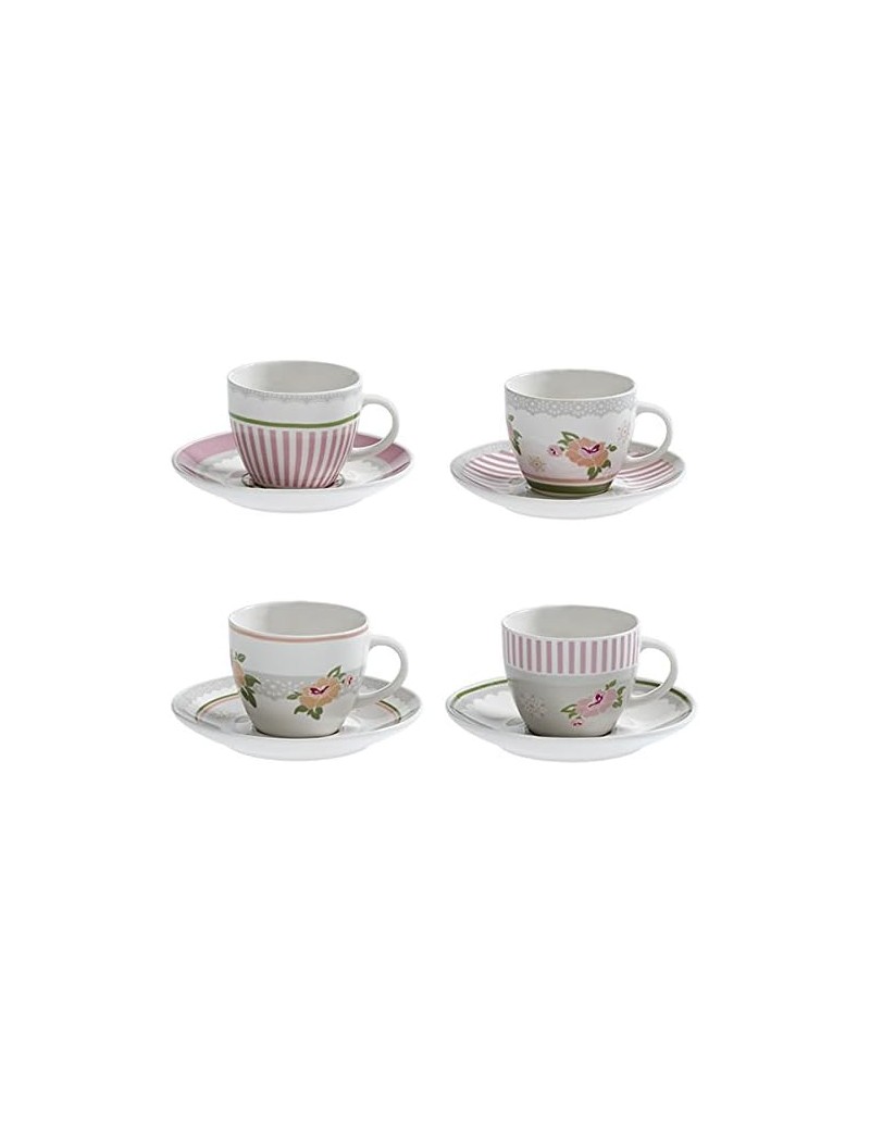 Peonia set 4 tazzine da caffè con piattino in new bone china, shabby rosa | Brandani -BRANDANI