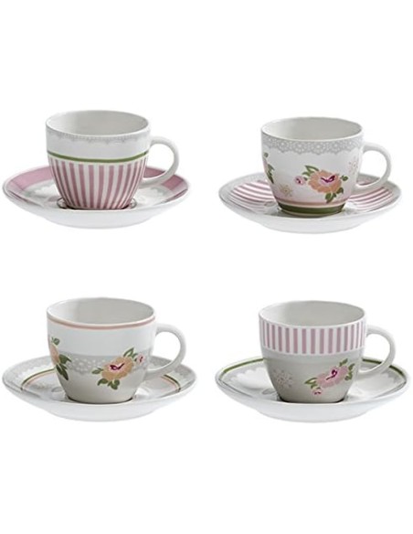 Peonia set 4 tazzine da caffè con piattino in new bone china, shabby rosa | Brandani -BRANDANI